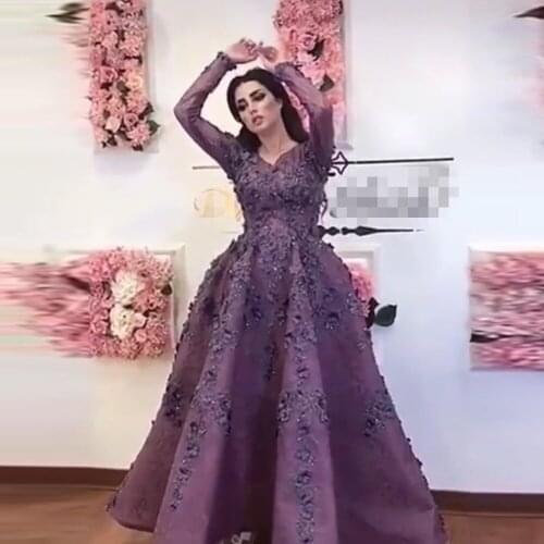 Saudi Arabic Evening Dress Custom Made abiye vestido longo Purple Floral Evening Gown Formal Party Dresses Robe de soiree