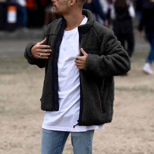 40%HOTMen Winter Long Sleeve Stand Collar Faux Fleece Zipper Pocket Warm Coat Jacket