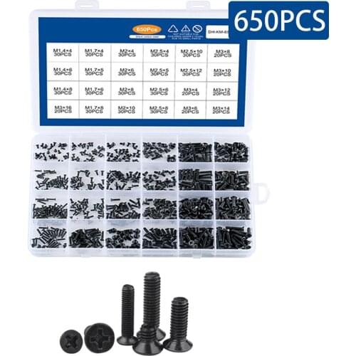 650PCS M1.4 M1.7 M2 M2.5 M3 Countersunk Flat Head Phillips Small Mini Screw Set Carbon Steel For Computer Laptop Screws Kit