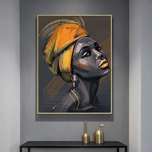 Abstract Black Woman Painting Yellow Hat African Girl Canvas Prints Wall Art Poster Modern Decoration Picture for Interior Decor