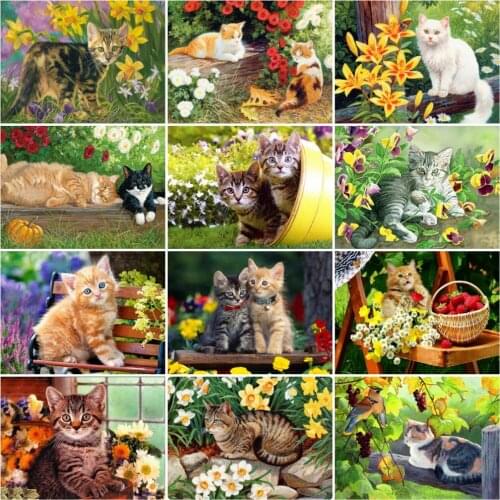HUACAN Cat Full Drill Diamond Painting Animal Cross Stitch Diamond Mosaic Flowers Home Decor Handmade Gift