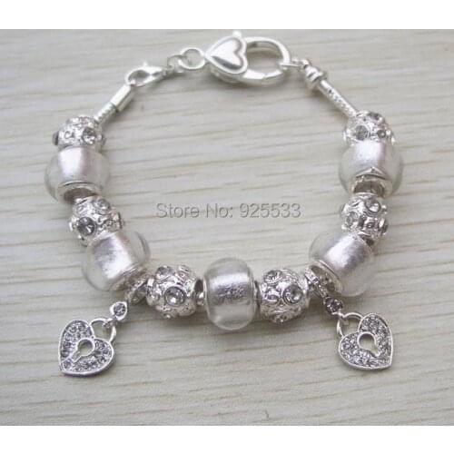 Free shipping 20cm silver plated copper snake chain white rhinestone & glass charms fashion bracelet