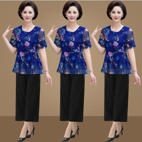 Large Size Women 2 Piece Set New Loose Print Short-sleeved T-shirt Top + Pants Middle-aged Mother Summer Suit Plus Size 5XL L460