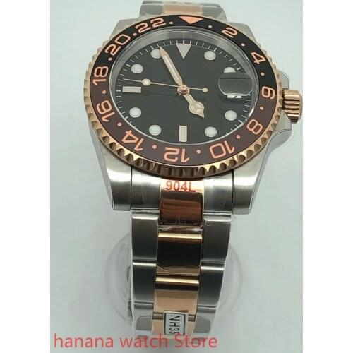 BLIGER Brand Root Beer Rose Gold Automatic Men Watch Sapphire Glass GMT Hand Date Window Mental Strap Ceramic Bezel
