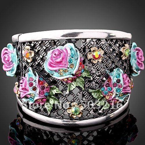 Zinc Alloy Rhodium Plated Crystal Women Jewelry Wholesale Fashion Enamel Pink Flower Bangle & Bracelets Free Shipping