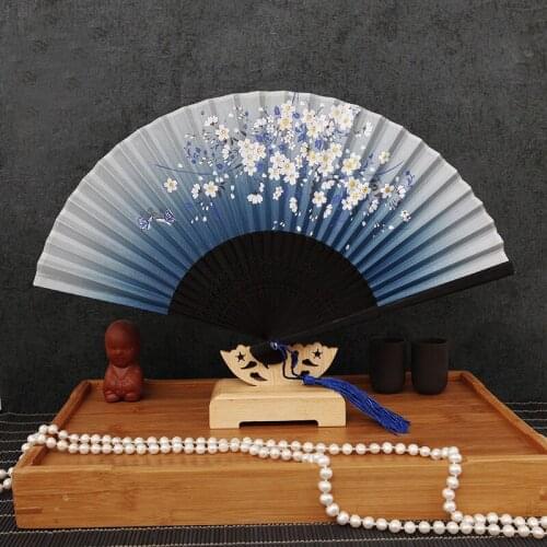 Chinese Spun Silk Flower Printing Hand Fan Vintage Folding Hollow Carved Hand Fan Wedding Event Party Cosplay Props