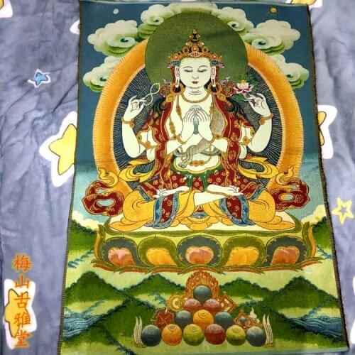 Antique Collection Tibetan Buddha Statue Silk Embroidery Nepal Golden Silk Thangka Portrait Brocade Painting Four-Wall Guanyin