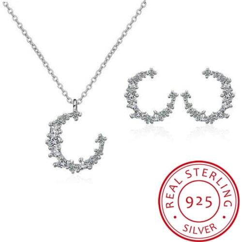 925 Sterling Silver Jewelry Sets Sweet Flash Zirconia Irregular Moon Necklace+Earrings Bijoux For Women Gift