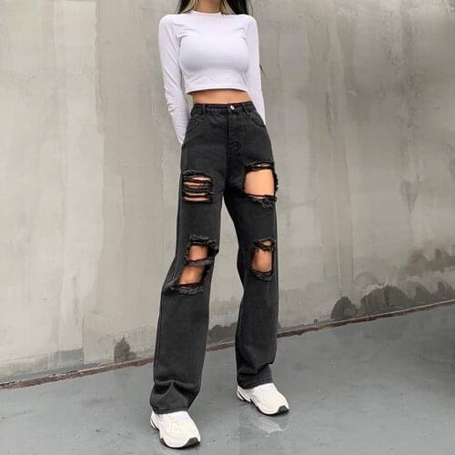 Fashion Women Y2k Black korean Solid Color ripped denim trousers Straight Jeans Baggy Pants streetwear Female брюки женские