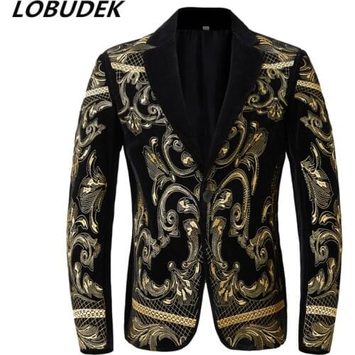 Mens Velvet Embroidery Blazers European Style Male Singer Host Performance Casual Coat One Button Slim Suit Jacket Plus Size