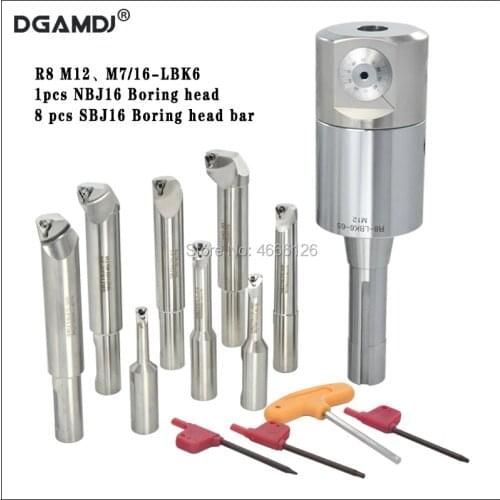 Kit R8 M12 M7/16 LBK6 Machining Center CNC Tool Holder NBJ16 Fine-Tuning Boring Head 8 pcs SBJ16 8-46mm Boring Tool Bar