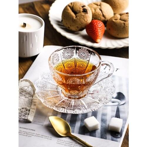 Ins popular Retro Europe Style Glass Cup Saucer Set For Tea Latte Coffee Emboss 170ML 2 Colors