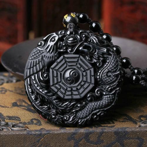 Natural Obsidian Dragon and Phoenix Necklace Pendant Fashion Lucky Amulet Hot