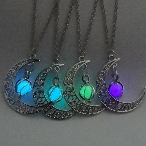 New Hot Moon Glowing Pendants Necklace Gem Charm Jewelry Silver Plated Women Halloween Hollow Luminous Stone Necklace Gifts