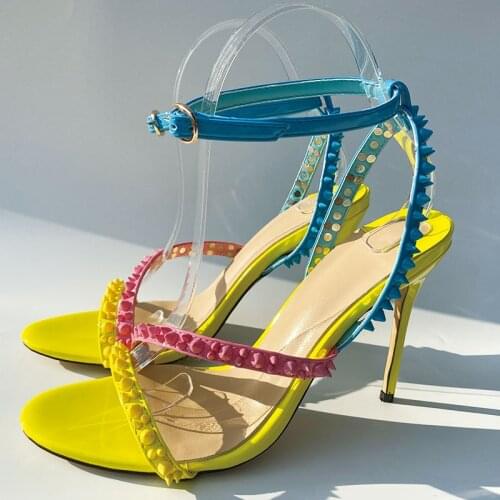 Summer new style sexy lady fashion women sandals yellow studded spikes strappy stiletto stripper high heels 12cm 10cm