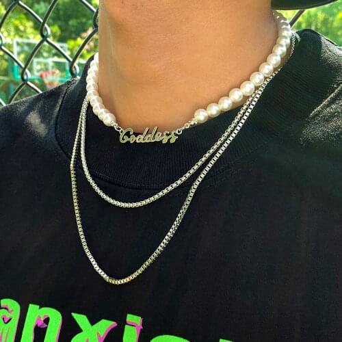 SHIXIN Punk Letter Pearl Beads Thin Chain Choker Necklace Set Men/Women Hip Hop Multi Layered Necklace Chain on the Neck Jewelry