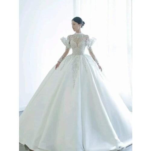 Glamorous Lace Appliques Cathedral Train Ball Gown Wedding Dress Luxury High Neck Beading Cap Sleeve Satin Vintage Bridal Gown