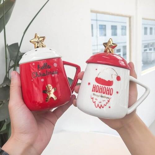 Christmas Ceramic Mugs Coffee Mug With-Lid Spoon Creative Cute Cup Office Teacup Drinkware Gingerbread Man Christmas Gifts