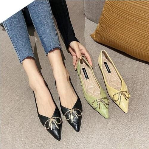 35-43 Flat Shoes Women Sweet Flats Shallow Women Boat Shoes Slip On Ladies Pointed Toe Bow Loafers Spring PU Women Flats black