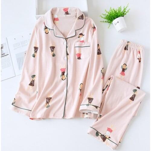 2021 Spring Leaves Printed Womens Pajama Cotton Plus Size Two-piece Set Brief Fashion Long Sleeve Home Clothes Female Sleepwear
