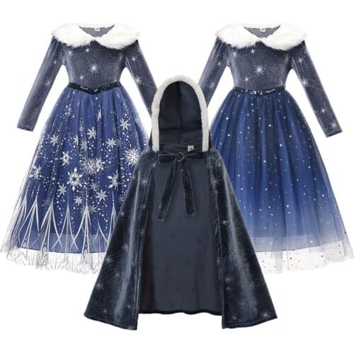 VOGUEON New Elsa Dress Girls Party Vestidos Cosplay Girl Clothing Snow Queen Print Birthday Princess Dress Kids Costume Cloak