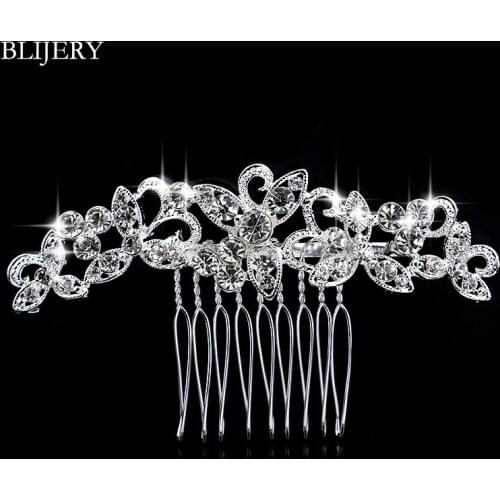 BLIJERY Charm Rhinestone Crystal Floral Hairpins Silver Color Wedding Tiara Bridal Hair Combs Women Wedding Hair Accessories