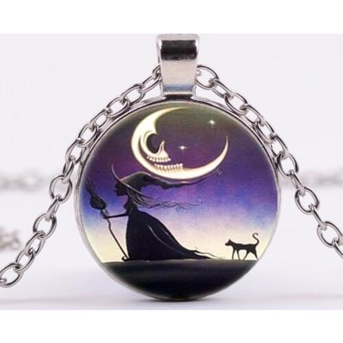 Sexy Witch with Broom Necklace Full Moon Pendant Wiccan Pagan Jewelry Glass Cabochon Sweater Chain Necklace Cat Jewellery