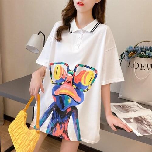 Summer New Casual Mid-length Rose Red Women T Shirt Print Anime Painted Glasses Frog Mr Pattern Loose Cotton Tees Tops Female