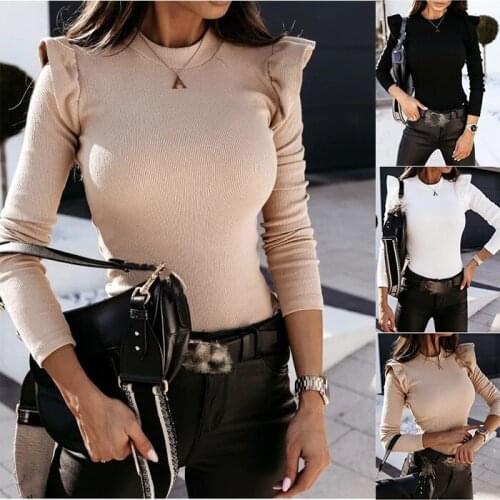 2021 Womens Elegant Wild Shirt Solid Color Ruffle Trim Long Sleeve O-Neck Spring Autumn Slim Fitting Base T-Shirt Daily Top