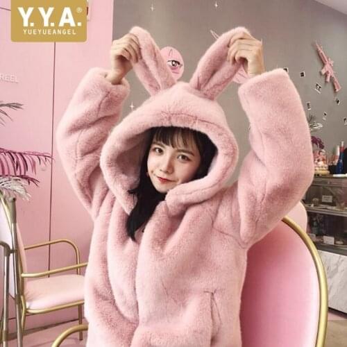 Sweet Winter Thick Warm Rabbit Ears Hooded Female Jackets Long Sleeve ZipPockets Loose Womens Faux Rex Rabbit Fur Outwear Coats