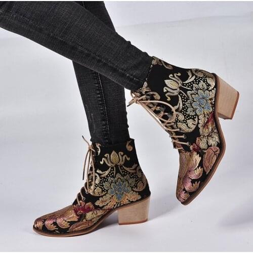 Retro Bohemian Women Ankle Boots Embroider Wedge Booties Vintage Ladies Winter Shoes Woman Pumps 2021 New High Heels Boots