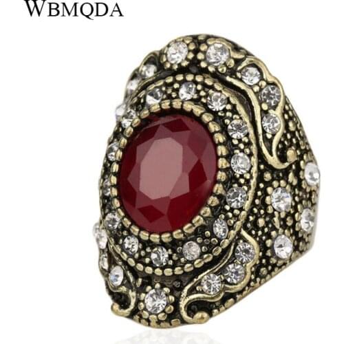 2018 Hot Boho Crystal Gold Color Rings For Women Wedding Accessories Red Green Black Restin Ethnic Jewelry Free Shipping