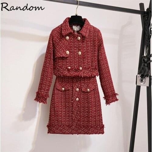 Autumn Winter Elegant Lady Tweed Double Breasted Jacket Coat And Skirt Two piece Women Office Fashion Vintage Plaid Skirt Suit