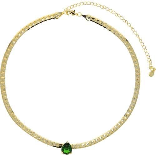 New arrived Gold color women lady jewelry green cubic zirconia tear drop cz charm choker with flat snake chain collar necklace