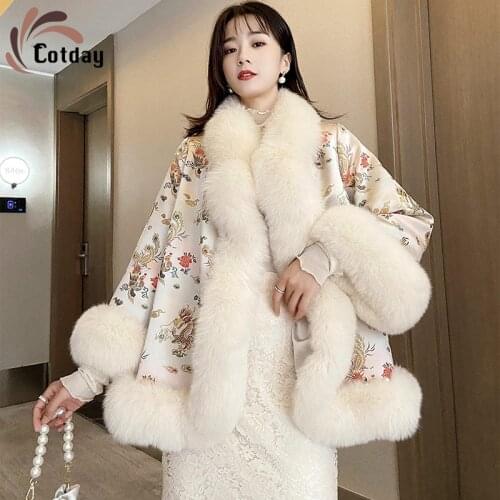 Cotday Faux Fur Mid-length Patchwork Fur Flare Sleeve Chinese Style With Fox Fur Collar 2020 New Women Winter Warm Fur Coat