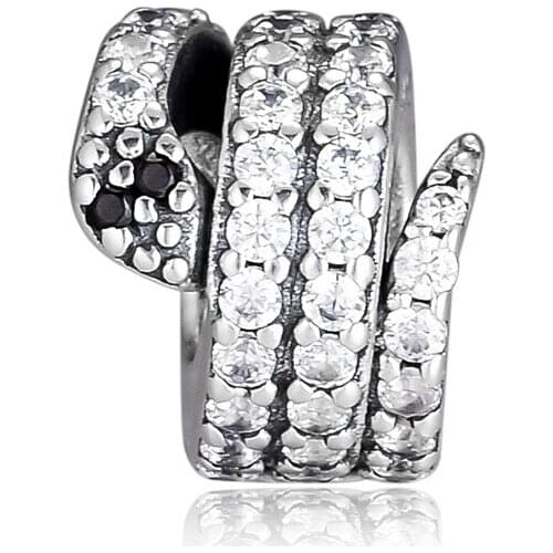 100% 925 Sterling Silver Sparkling Snake Animal Charm Clear CZ Beads Fits Original Bracelet DIY Jewelry Making perles
