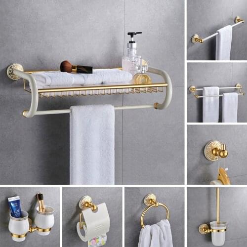 Bathroom Accessories White Gold Bath Hardware Set Towel Rack Paper Holder Toilet Brush Holder Towel Bar Robe Hooks Bath Shelf