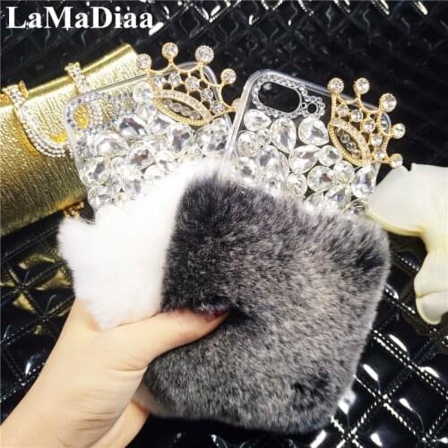 Bling Crystal Fluffy Rabbit Fur Winter Soft Case Crystal Diamond Crown Fur Shell For Iphone 12 11 Pro Max X XR XS MAX 6 7 8 PLUS