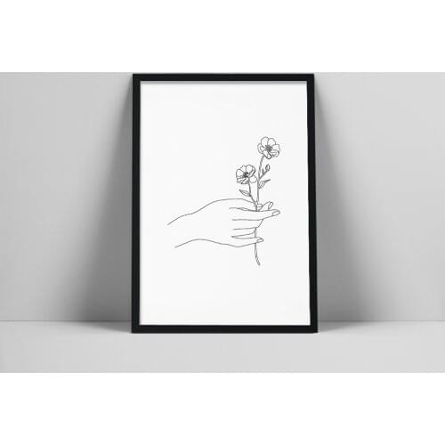 Flower Hand Art Print | Line Drawing Of Flowers | Daisies Poster | Hand Holding Flowers Wall Print | Floral alist Ang |Earm Col