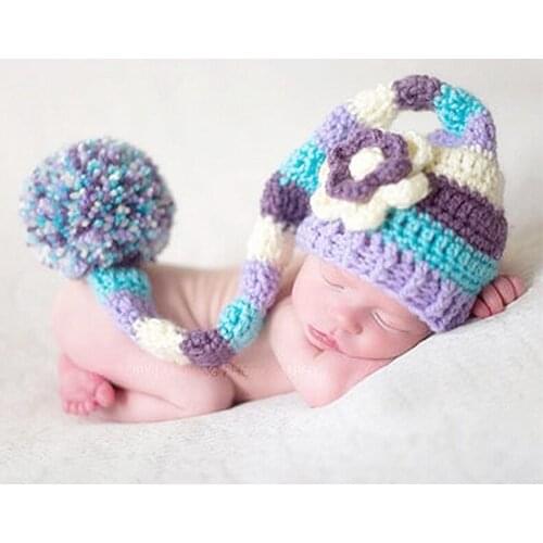Baby photography props newborn beanie fotografia baby pompom hat with long tail cute crochet toddler cap infant studio shooting