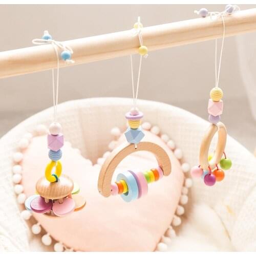 3pcs Baby Wooden Pendant Colorful Ring-Pull Beech Ring Baby Play Gym Wooden Teether BPA Free For Crib Rattle Pendant Toys Gifts