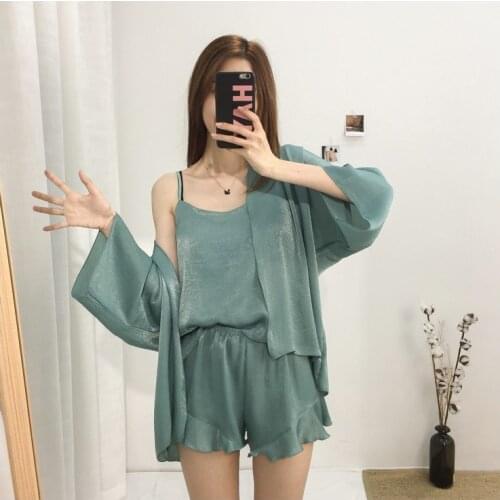 Womens Short Camisole Loose Cardigan Pajamas Set Wood Ear Shorts Home Service Three-Piece Suit Sexy Sleepwear Lingerie Homewear