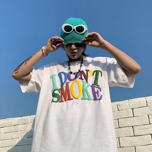 Rainbow Print Unisex Womens Short Sleeve T-shirt IDONTSMOKE Street Harajuku Basic Oversized Loose Hip Hop Couple Suit