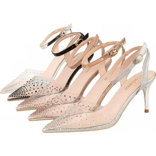 HKXN Fashion Rhinestone PVC Transparent Shoes Stilettos High Heels Sandals Women Pointed Toe Party Silver Party Wedding Shoes T