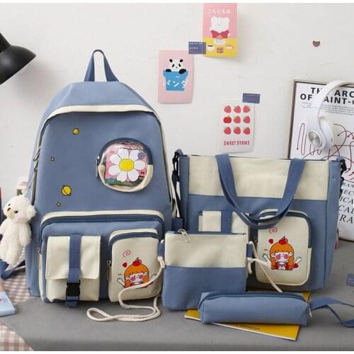2021 Preppy Style 5Pcs/set Canvas Laptop Backpacks Women School Bags for Teenage Girls Bookbags Student Travel Backpack Rucksack