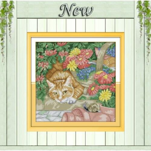 Cat and snail in garden Drawing painting, Counted print on canvas DMC 14CT 11CT DIY Cross Stitch Needlework kits Embroidery Sets