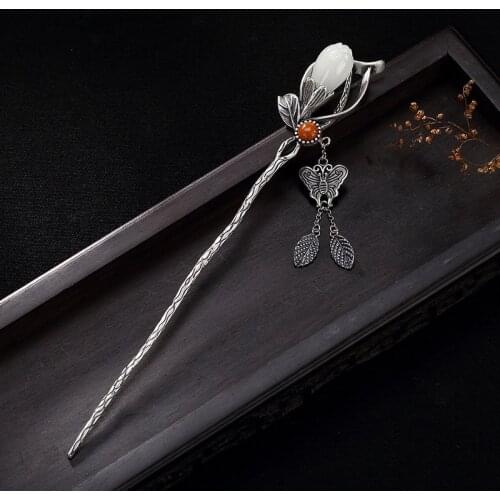 Chinese Jade Hair Stick 925 Sterling Silver Hanfu Hair Accessory Tassel Sticks Magnolia Flower For Women Jewelry Luxury Hairpins