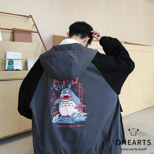 Cartoon Patchwork Jacket Autumn Loose Cat Print Hoodie Coat Men Hip Hop Baseball Jacket Fashion Streetwear Gothic Hooded Tops