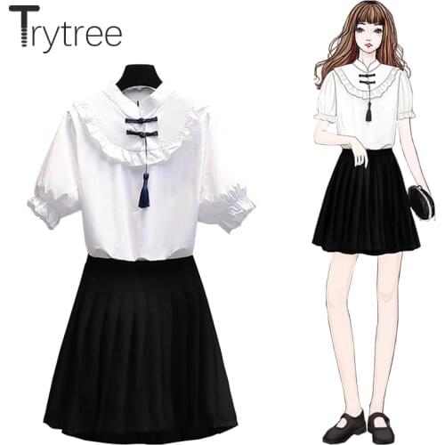 Trytree Summer Women Two Piece Set Casual Chinese Botton Tassel Shirt + Pleated Skirt Mini Elastic Waist Office Lady 2 Piece Set