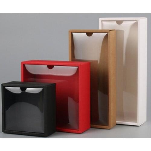 Fashion 10pcs Red/White/Black/Kraft Paper Candy Box With Clear PVC Lid Handmade DIY Packaging Boxes Wedding Party Favor Packages